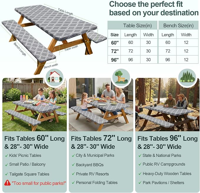 Picnic Table Cover with Bench Covers Camping Essentials Waterproof Windproof Camping Tablecloth with Drawstring Bag, Fitted Rectangle Tables and Seats, 96in, Grey