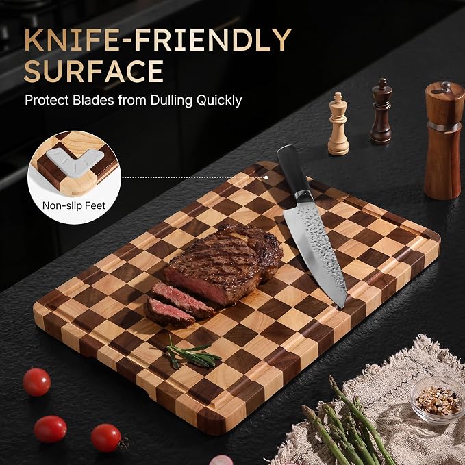 Cutting Boards for Kitchen Checkered Cutting Board 17in Acacia Wood Charcuterie Board Serving Heavy Duty Non Toxic Slip Over Sink Butcher Block Meat Best Kitchen Essential Gift