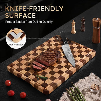 Cutting Boards for Kitchen Checkered Cutting Board 20in Acacia Wood Charcuterie Board Serving Heavy Duty Non Toxic Slip Over Sink Butcher Block Wood Chopping Board with Juice Grooves Handles