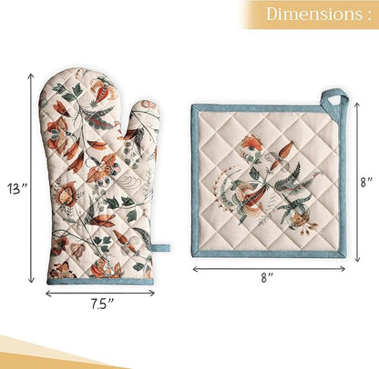 Maison d' Hermine 100% Cotton Oven Mitt & Pot Holder Set (7.5"x13" & 8"x8") Heat Resistant BBQ Cooking Gloves with Loop for Thanksgiving Christmas Decorations Handling Hot Pans (Dalida)