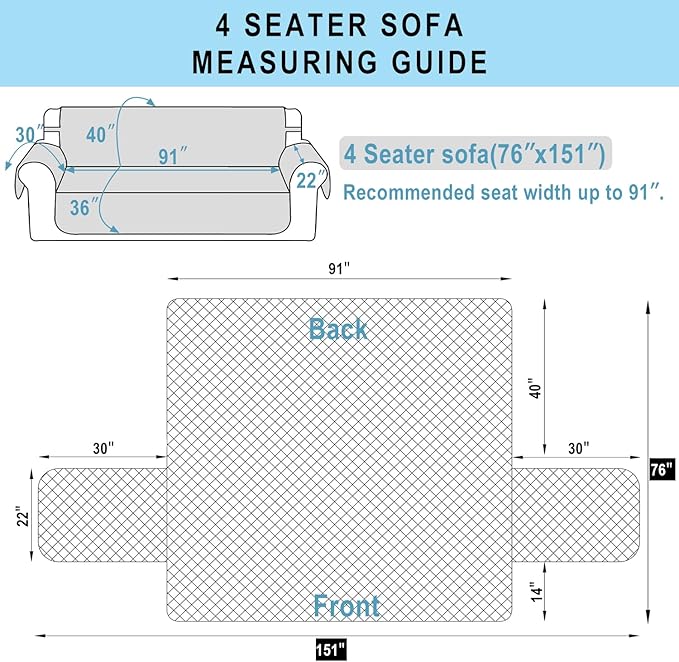 Reversible 4 Seater Sofa Cover 91" Large, Sofa, Huntergreen | Couch Cover Furniture Protector with Foam Sticks Elastic Straps Furniture Protector for Pets Children Dog Cat