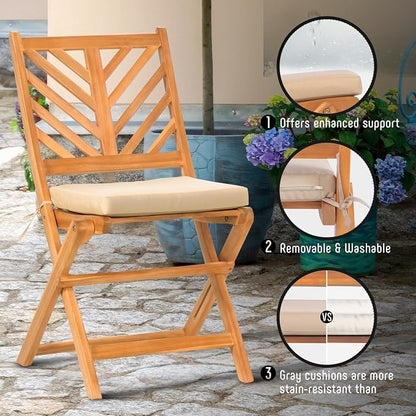 Werph 3-Piece Acacia Wood Patio Set, Foldable Bistro Table and Chairs Set | Small Patio Furniture Set with Cushions, Folding Balcony Chairs Table Set for Apartment, Balcony, Deck or Porch