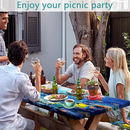Picnic Table Cover with Bench Covers, Camping Essentials, Ocean Underwater World Table Cover, Fitted Camping Tablecloth Windproof Waterproof with Elastic Edge for Indoor Outdoor Patio 3PCS 30x60 Inch