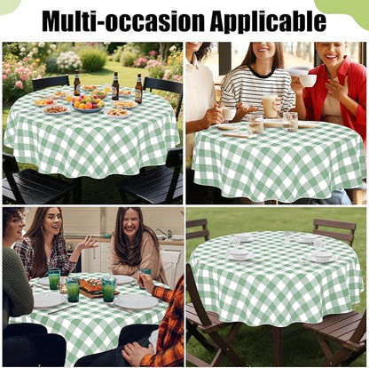 Smiry Picnic Table Cloth, Vinyl Tablecloths with Flannel Backing, 60" Round | Waterproof Picnic Table Cloth, Wipeable Buffalo Plaid Table Cover for Indoor and Outdoor (Sage Green & White)