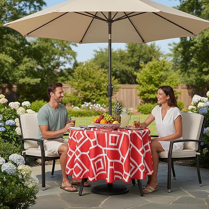 LUSHVIDA Moroccan Outdoor Round Tablecloth with Umbrella Hole and Zipper, 60 Inch Red, Waterproof Wrinkle Free Table Cloth Decorative Fabric Washable Table Cover for Patio, Party, Picnic