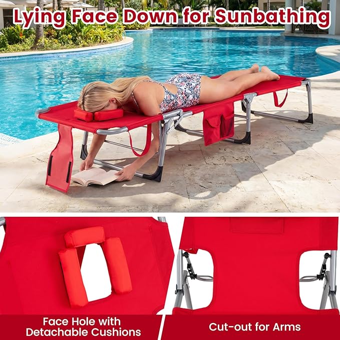 Goplus Tanning Chair, Folding Adjustable Patio Lounger w/Face Arm Holes, 4-Position, 330 LBS, Removable Cushion,Carry Strap, Outdoor Sunbathing Chair, Lightweight Portable Beach Lounge Chair (1, Red)