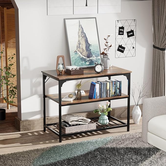 FDW 3-Tier Kitchen Island with Shelves, Modern Style, Sturdy Kitchen Island Table with Storage Shelves, Heavy Duty, Pewter Finish