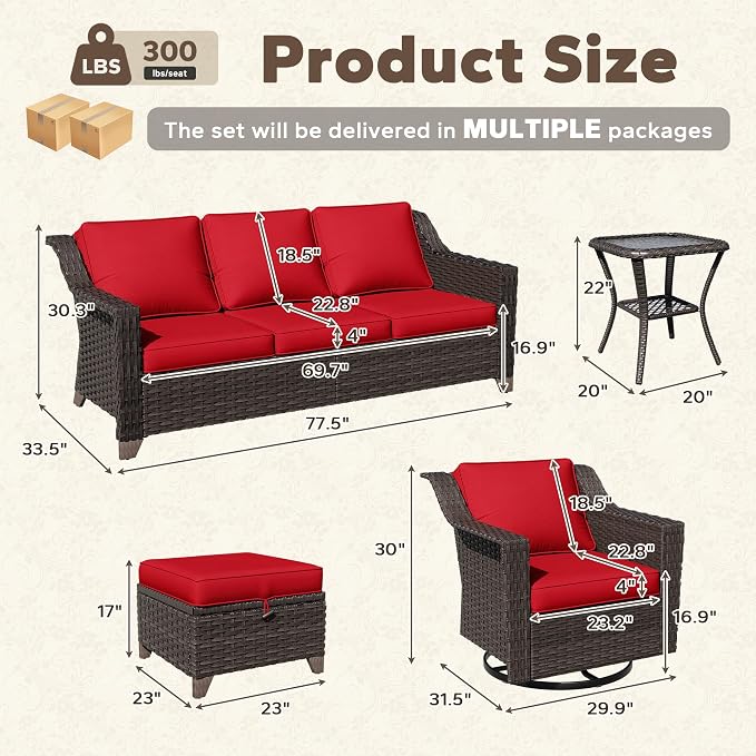 9 Pieces Patio Conversation Furniture Set - 1 Sofa, 2 Ottomans, 4 Swivel Chairs, 2 Side Tables, Outdoor Wicker Furniture with Removable Cushions for Porch, Balcony, Sunroom (Red)