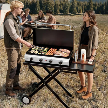 ROVSUN 4 Burner Foldable Propane Griddle with Wheels, Enameled Tray & Lid, 40000 BTU Portable Rolling Flat Top Gas Grill with Electronic Ignition & Regulator for Outdoor Cooking Camping BBQ Tailgating