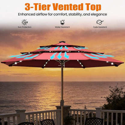 EliteShade USA 10-Year-Non-Fading 10ft 3-Tier Market Patio Umbrella, Commercial Table Umbrella with 80 Solar LED Lights, Crank Open, Windproof & UPF 50+ UV Protection for Garden, Deck, Pool, Backyard, No Tilt, Burgundy