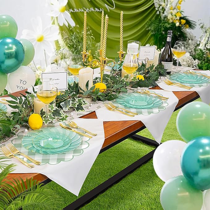100 Pcs Checkered Paper Placemats Sage Green Gingham Place Mats 13.5 Inch Disposable Round Decorative Dining Table Mat with Scalloped Edge Paper Cutouts Decor for Picnic BBQ Table Party Supplies