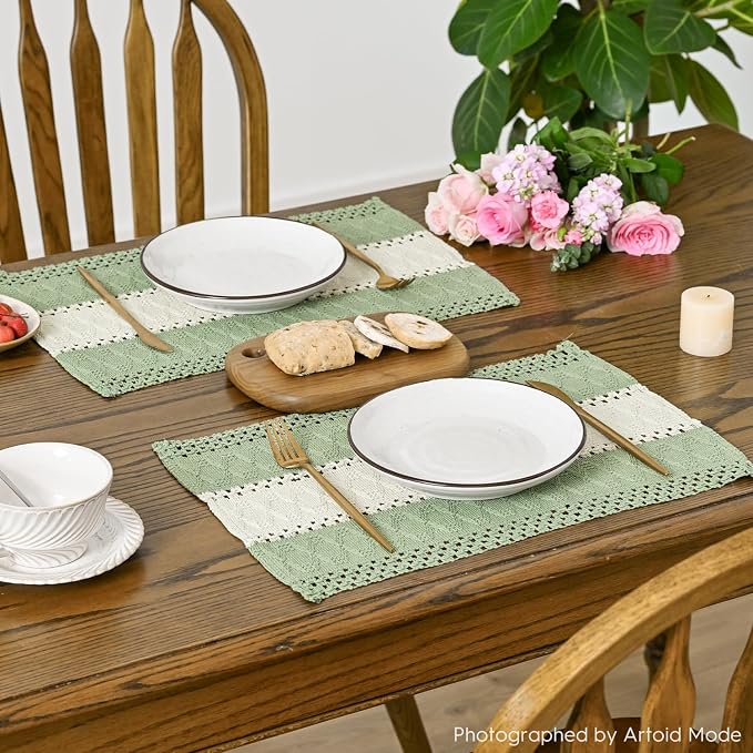 Artoid Mode Light Green Farmhouse Rustic Placemats Set of 6,12x18 Inch Seasonal Hollow Table Mats Party Kitchen Dining Decoration