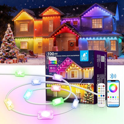 AHAWILL 100FT Christmas Permanent Outdoor Lights, IP67 Eaves Lights | Waterproof Outdoor Christmas Strings for House with Remote & APP