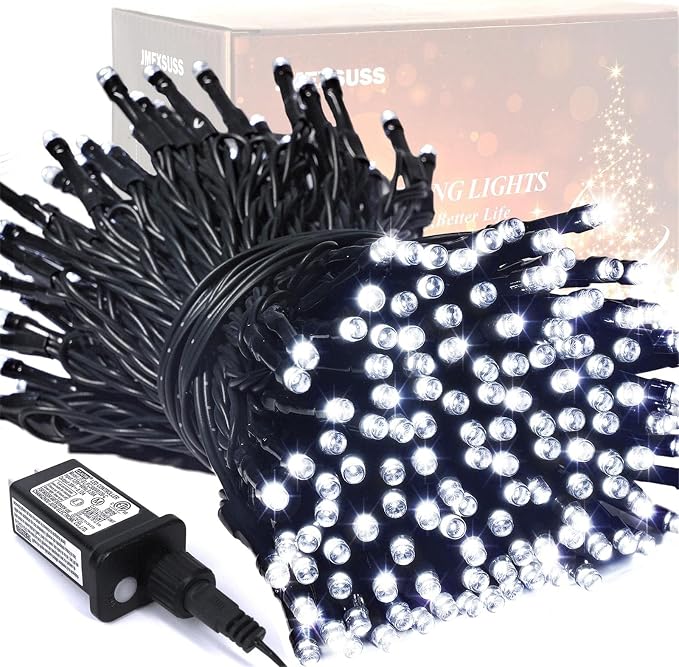 JMEXSUSS 200 LED White Christmas Lights Outdoor, 66ft String Lights Plug in | Waterproof, 8 Modes, Green Wire Twinkle Christmas Lights for Tree Xmas Wedding Party Indoor Decoration