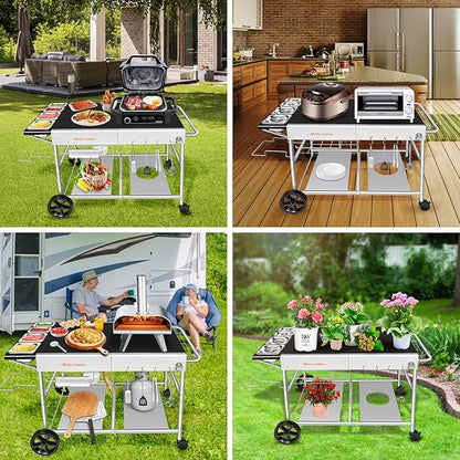 Pizza Oven Table with Topping Station, Outdoor Pizza Oven Cart, Grill Table for Outside, Grill Cart, Food Prep Work cart Fits for Ninja Woodfire Grill, Blackstone Griddle,Tabletop Grill