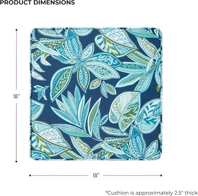 Outdoor 18 inch Square Patio Dining Chair Pads – Comfortable Fiber-Filled Seat Cushions with Ties, Reversible Polyester Fabric - Botanical Crestwood, Set of 2