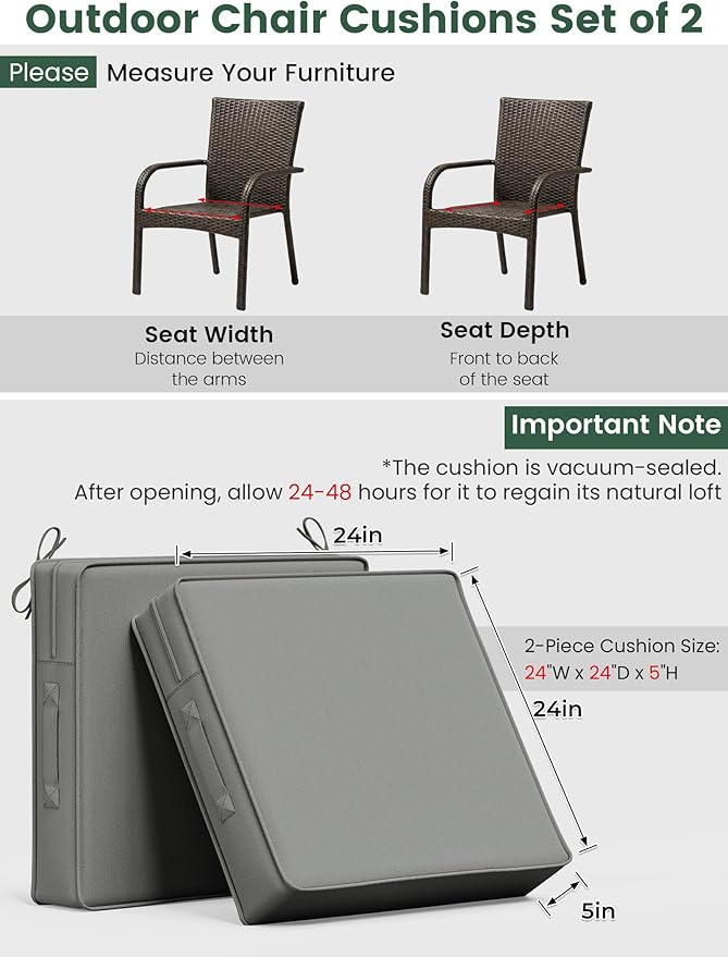 Outdoor Chair Cushion 24 x 24 x 5 Inches Patio Furniture Outdoor Waterproof Seat Cushion, Patio Chair Cushion with Handles and Ties, Square Dining Chair Cushion Set of 4, Light Grey