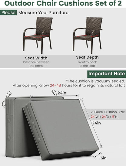 Outdoor Chair Cushion 24 x 24 x 5 Inches Patio Furniture Outdoor Waterproof Seat Cushion, Patio Chair Cushion with Handles and Ties, Square Dining Chair Cushion Set of 4, Light Grey