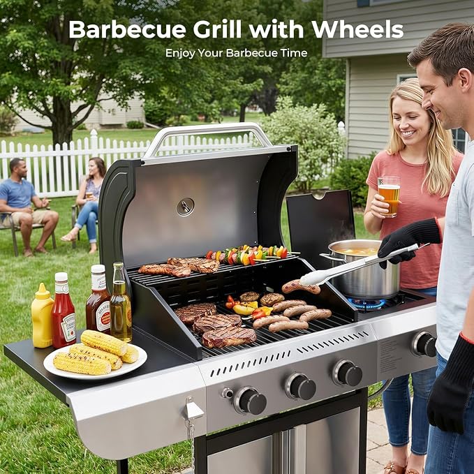 COWSAR 3-Burner Propane Gas Grill with Side Burner, 34,000 BTU Stainless Steel BBQ Grill, Porcelain-Enameled Cast Iron Grates, Outdoor Barbecue Grill for Patio & Garden