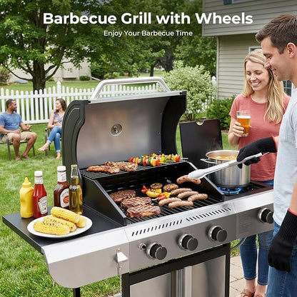 COWSAR 3-Burner Propane Gas Grill with Side Burner, 34,000 BTU Stainless Steel BBQ Grill, Porcelain-Enameled Cast Iron Grates, Outdoor Barbecue Grill for Patio & Garden