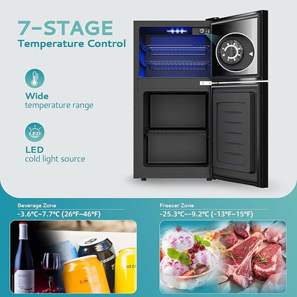 EUHOMY Double Door Mini Fridge With Freezer, Freestanding Wine Cooler Refrigerator With Reversible Door, Compact Refrigerator Temperature Control, Wine Fridge Perfect For Kitchen Home Office.