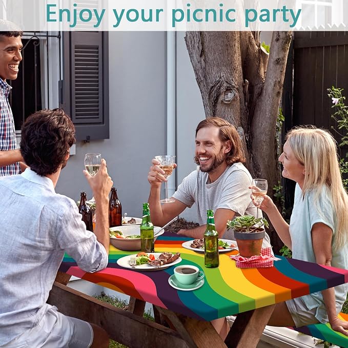 Rainbow Picnic Table Cover with Bench Covers, Elastic Edges Waterproof Windproof Colorful Stripes Camper Outdoor Tablecloth, Camping Essentials, Fitted 6FT Rectangle Tables and Seats, 3 Pcs 30x96 Inch