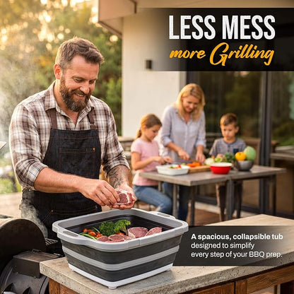 Collapsible BBQ Prep Tub with Lid & Cutting Board Jr - 3-in-1 by Smoker Chef - 2.1 Gal - 15.9"L x 12.5"W x 5.63"D