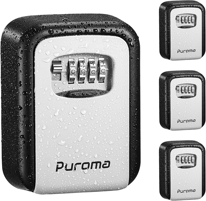 Puroma Security Key Lock Box, 4-Digit Combination Waterproof Safe Storage Lockbox with Code Wall Mount Large Capacity for Outdoor Outside House Dorm Office ID Card (4 Pack, Black & Gray)