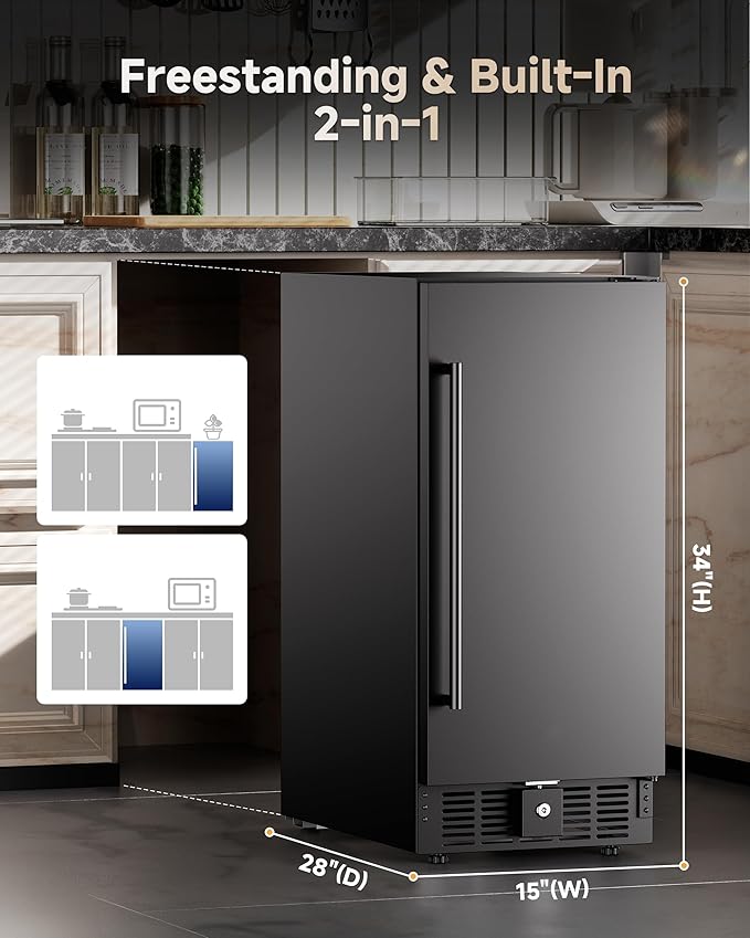 15 Inch Under Counter Beverage Refrigerator, Outdoor Fridge with 127 Cans Large Capacity & Glass Shelves, Built-in or Freestanding, Small Beverage Refrigerator for Patio & Outdoor Kitchen (Black)