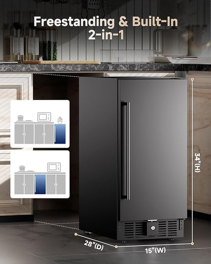 15 Inch Under Counter Beverage Refrigerator, Outdoor Fridge with 127 Cans Large Capacity & Glass Shelves, Built-in or Freestanding, Small Beverage Refrigerator for Patio & Outdoor Kitchen (Black)