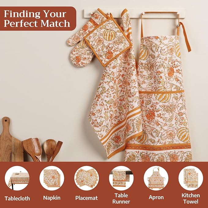 Maison d' Hermine 100% Cotton Oven Mitt & Pot Holder Set (7.5"x13" & 8"x8") | Heat Resistant BBQ Cooking Gloves with Loop Baking Grilling Kitchen Home Farmhouse Thanksgiving Christmas - Pumpkin Spice