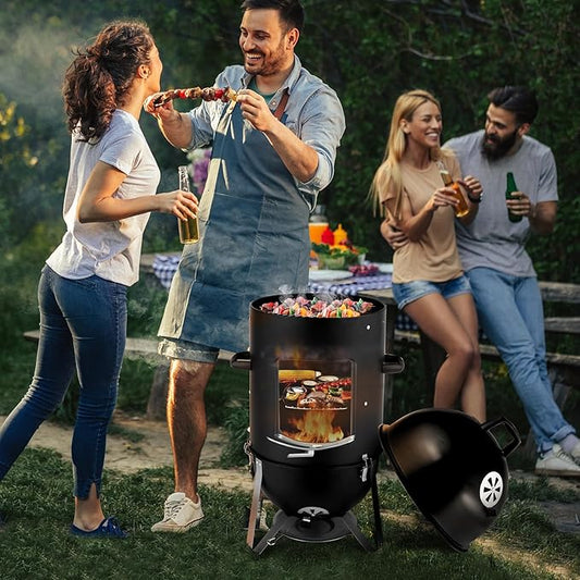 Vertical Steel Charcoal Smoker, Round BBQ Grill Vertical Charcoal BBQ Smoker, 3-in-1 Portable Outdoor Grill Cooker with Built-in Thermometer for Outdoor Cooking Backyard Grilling Camping Picnic