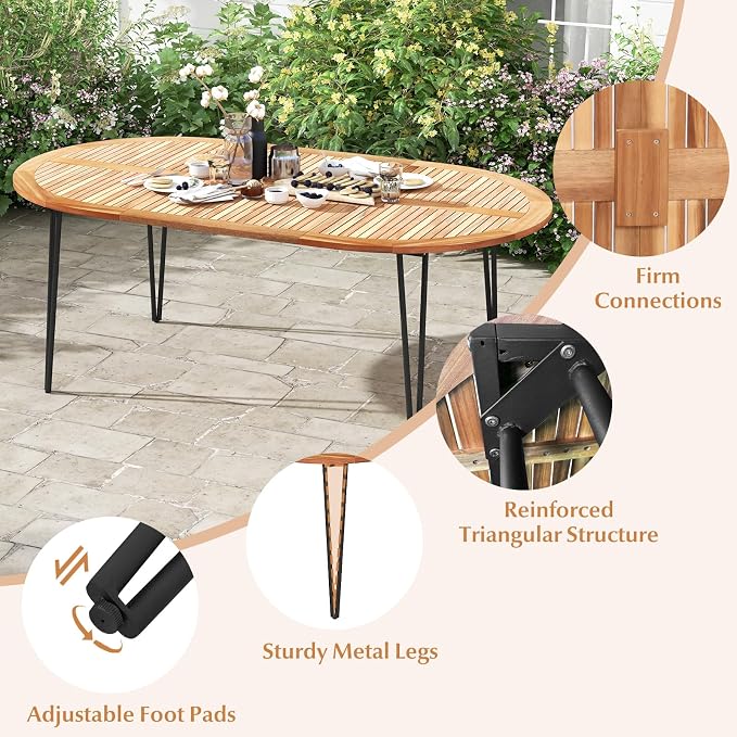 Tangkula 79" Large Patio Dining Table for 6, Acacia Wood 6-Person Dining Table with 2.5" Umbrella Hole & Metal Legs & Adjustable Foot Pads, Oval Outside Table for Garden, Poolside & Backyard