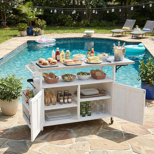 JIVOIT Outdoor Fir Wood Kitchen Island with Foldable Stainless Steel Top, Patio Mobile Kitchen Cart Portable Outdoor Cooking Island with Lockable Wheels, Storage Cabinet and Towel Rack (White/124)