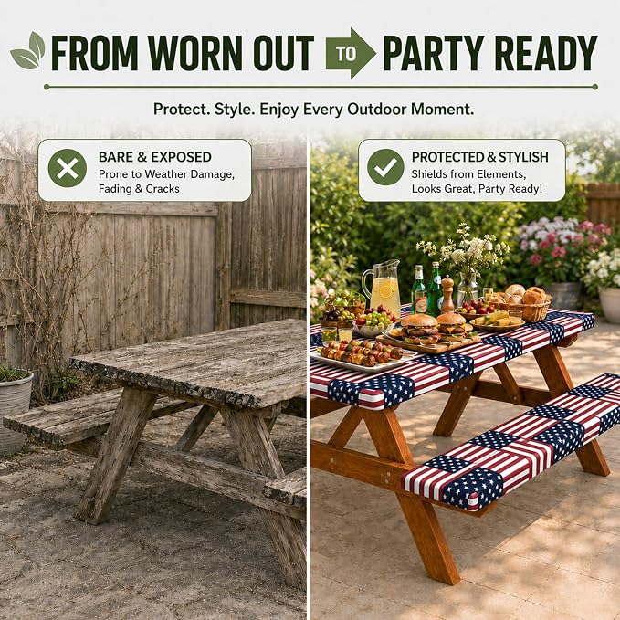 Emwwat Picnic Table Cover with Bench Covers, Waterproof Elastic Corner Fitted Tablecloth for 6 Foot Rectangle Tables, Washable Camping Table Cover Set for Picnic Outdoor BBQ (Red, 72in)