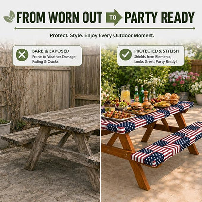 Emwwat Picnic Table Cover with Bench Covers, Waterproof Elastic Corner Fitted Tablecloth for 6 Foot Rectangle Tables, Washable Camping Table Cover Set for Picnic Outdoor BBQ (Red, 72in)