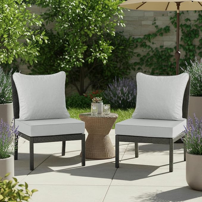 Summsun Patio Cushions for Outdoor Furniture, Faux Linen Water Resistant Backrest and Seat Cushion Set with Non-Slip Bottom, Straps, Removable Cover, 19 x 19 Inch, Light Grey, Set of 2