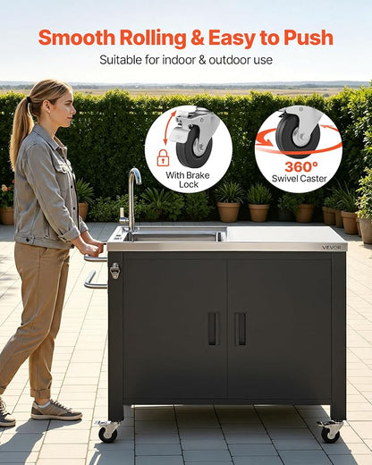 VEVOR Outdoor Grill Cart with Sink and Storage Cabinet, 38 Inch Grill Table, Waterproof Kitchen Island with Stainless Steel Top, Spice Rack, Wheel, Movable Food Prep Station for Patio Bar Backyard BBQ