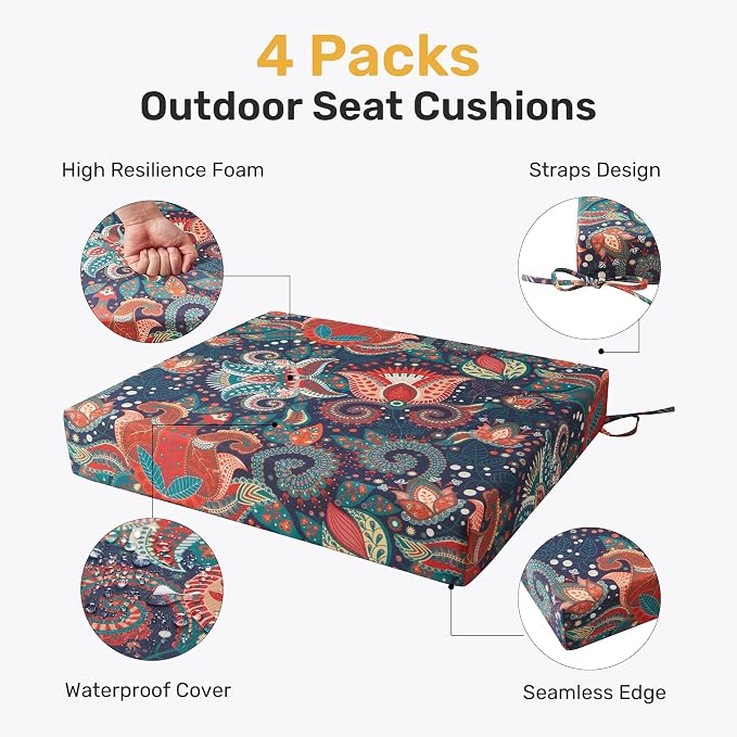 UNIKOME Outdoor Chair Cushions Pack of 4, Water Resistant Patio Cushions with Ties, High Density Sponge Filling Square Corner Seat Cushions for Outdoor Furniture, 18.5"*16"*3", Boho