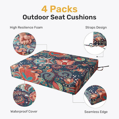 UNIKOME Outdoor Chair Cushions Pack of 4, Water Resistant Patio Cushions with Ties, High Density Sponge Filling Square Corner Seat Cushions for Outdoor Furniture, 18.5"*16"*3", Boho
