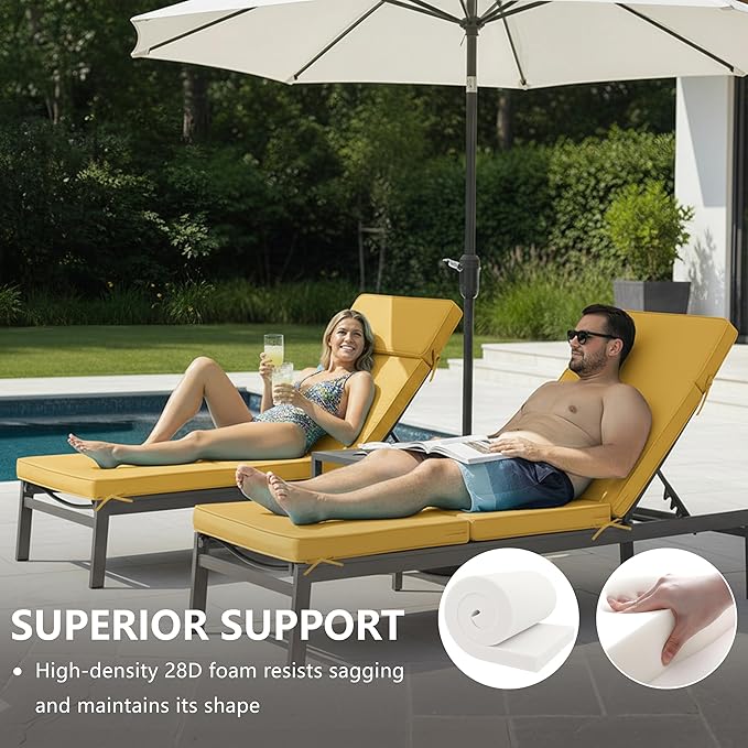 72 x 21 Inch Outdoor Chaise Lounge Cushions Set of 2 - Removable Cover, 4-Section Design, Water-Repellent & Fade-Resistant, 6 Tie Straps, Replacement for Patio & Pool Chairs - Yellow