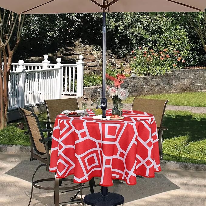 LUSHVIDA Moroccan Outdoor Round Tablecloth with Umbrella Hole and Zipper, 60 Inch Red, Waterproof Wrinkle Free Table Cloth Decorative Fabric Washable Table Cover for Patio, Party, Picnic