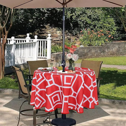 LUSHVIDA Moroccan Outdoor Round Tablecloth with Umbrella Hole and Zipper, 60 Inch Red, Waterproof Wrinkle Free Table Cloth Decorative Fabric Washable Table Cover for Patio, Party, Picnic