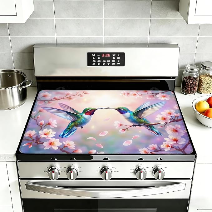 Spring Hummingbird Glass Top Stove Cover Protector,Pink Peach Flower Stove Top Covers for Electric Stove,Washable Heat Resistant Cooktop Mat Anti-Slip Range Covers, 28 x 20 Inch