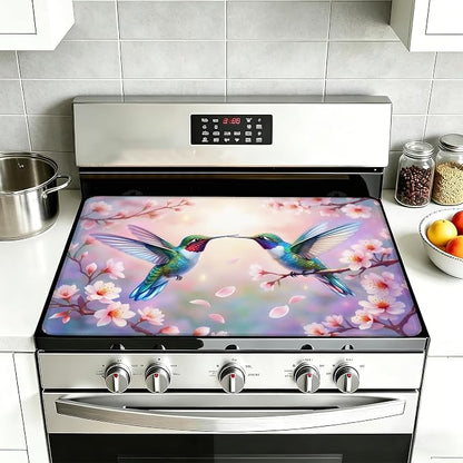 Spring Hummingbird Glass Top Stove Cover Protector,Pink Peach Flower Stove Top Covers for Electric Stove,Washable Heat Resistant Cooktop Mat Anti-Slip Range Covers, 28 x 20 Inch
