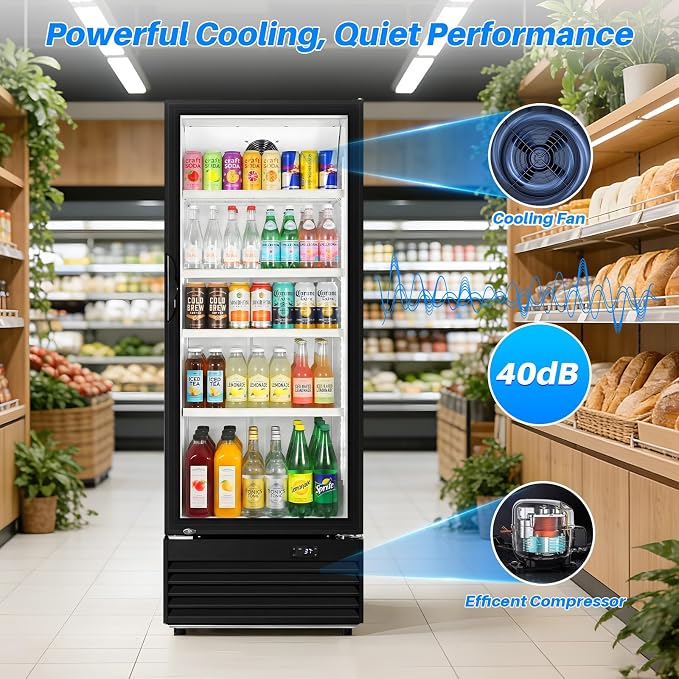 Commercial Beverage Refrigerator, 24.5" Glass Door Display Fridge, 15 Cu.Ft Freestanding Beverage Cooler with 4 Adjustable Shelves, Auto Rebound Door, Low Noise, for Shops, Restaurants & Bars, Black