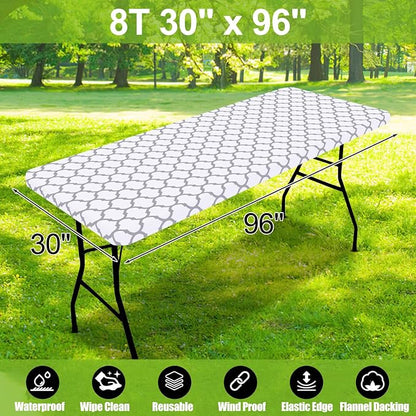 Smiry Picnic Fitted Table Cover, 8 Foot Flannel Backed Vinyl Tablecloth | Waterproof Elastic Stretch Table Cloth, Wipeable Plastic Tablecloth for Camping, Indoor & Outdoor (White, 30" x 96")