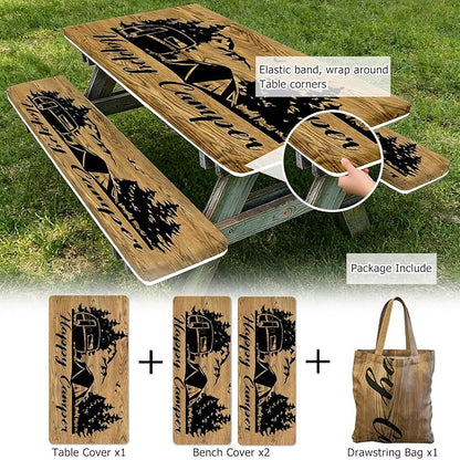 3 Piece Picnic Table Cover with Bench Covers for Outdoor, Patio, 30x72 Inch | Camping Table Cloth Waterproof Windproof with Elastic Edges & Drawstring Bag, Fitted Rectangle Tables and Seat Covers