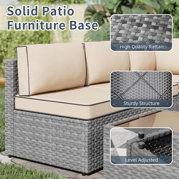 SUNLEI 5pcs Patio Outdoor Furniture Sets Conversation Set,Low Back All-Weather Rattan Sectional Sofa with Tea Table&Washable Couch Cushions(Silver Rattan)（Khaki）