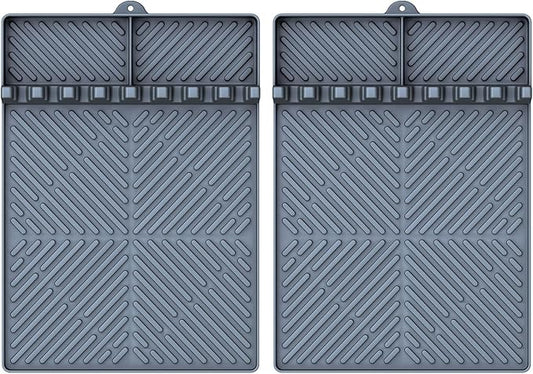 Silicone Griddle Tools - Spatula Mat with Drip Pad & Grill Utensil Holder Side Shelf for Kitchen, Cooking, Countertop, Griddle Accessories - Grey, 2 Pack